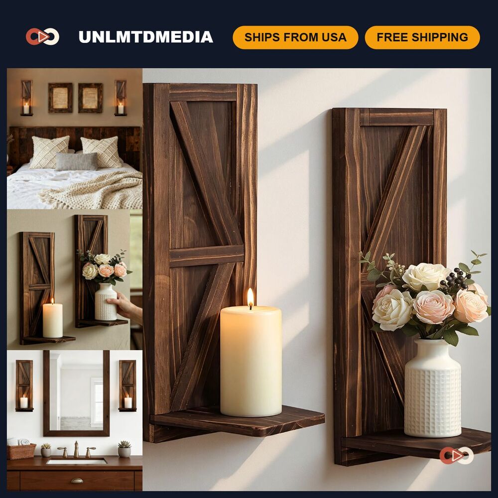 Set of 2 Wall Candle Holders, Rustic Brown Wood Sconces, 15.7"x5", Farmhouse Dec